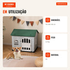 Plastic Dog House with 3 Windows and Lockable Door 75 x 58 x 65 cm Green — Infografia PT (em utilização)