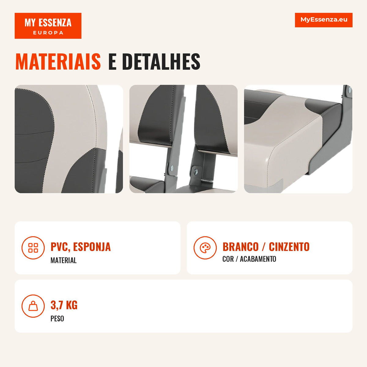 Conjunto de 2 Assentos para Barco Dobráveis com Estofos em Couro Artificial Cinzento — Infografia PT (materiais e detalhes)
