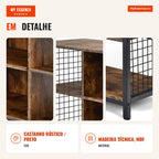 Console TV jusqu'à 65 pouces avec 3 niveaux et panier de rangement brun rustique — Infografia PT (detalhe)