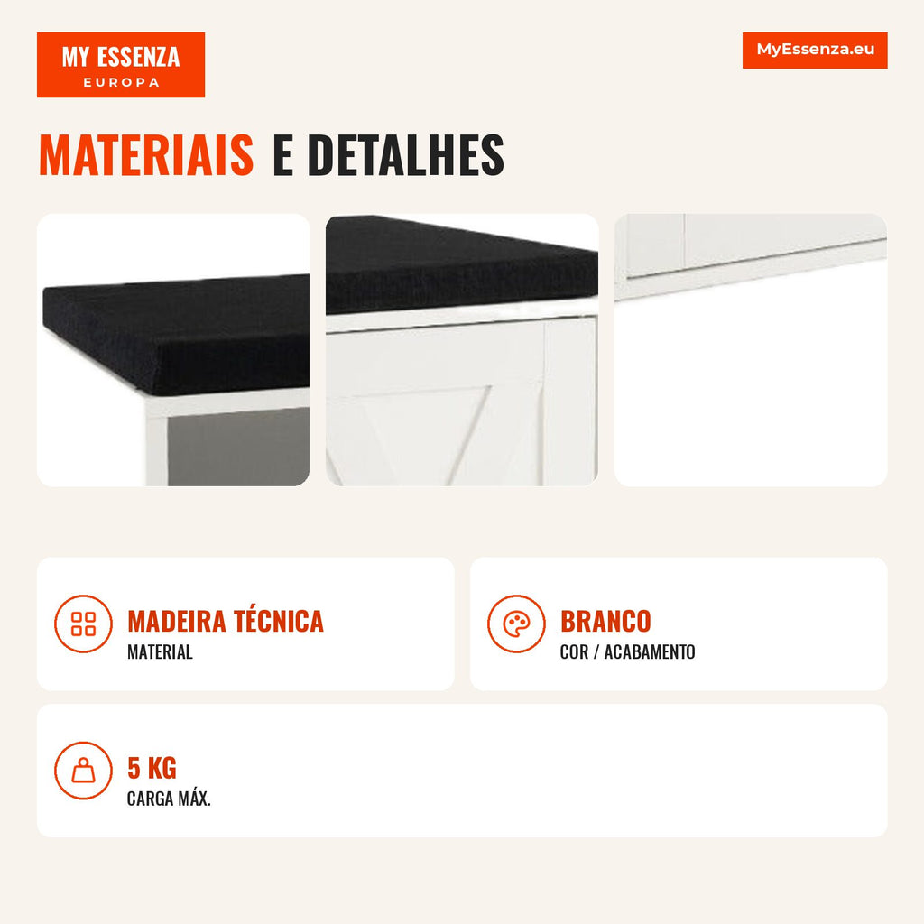 Banco Sapatos 3 Níveis Almofada Acolchoada Removível Ajustável 110,5x30x49cm Branco — Infografia PT (materiais e detalhes)