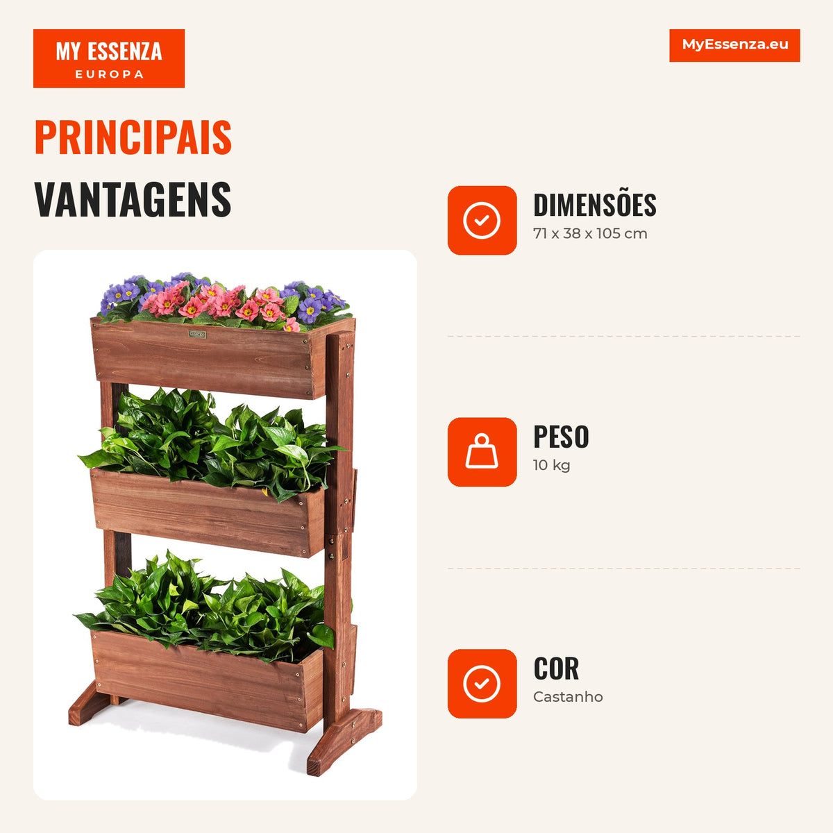 Vaso de Madeira com 3 Níveis Escada com Vasos Destacáveis Regulável para Interior e Exterior 71 x 38 x 105 cm — Infografia PT (vantagens)