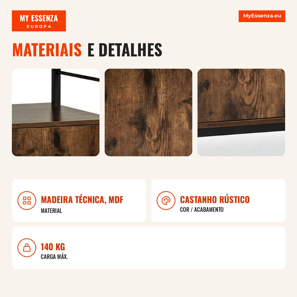 TV Unit for up to 65" with 2 Cabinets & 4 Open Shelves Wood Metal Legs Rustic Brown — Infografia PT (materiais e detalhes)