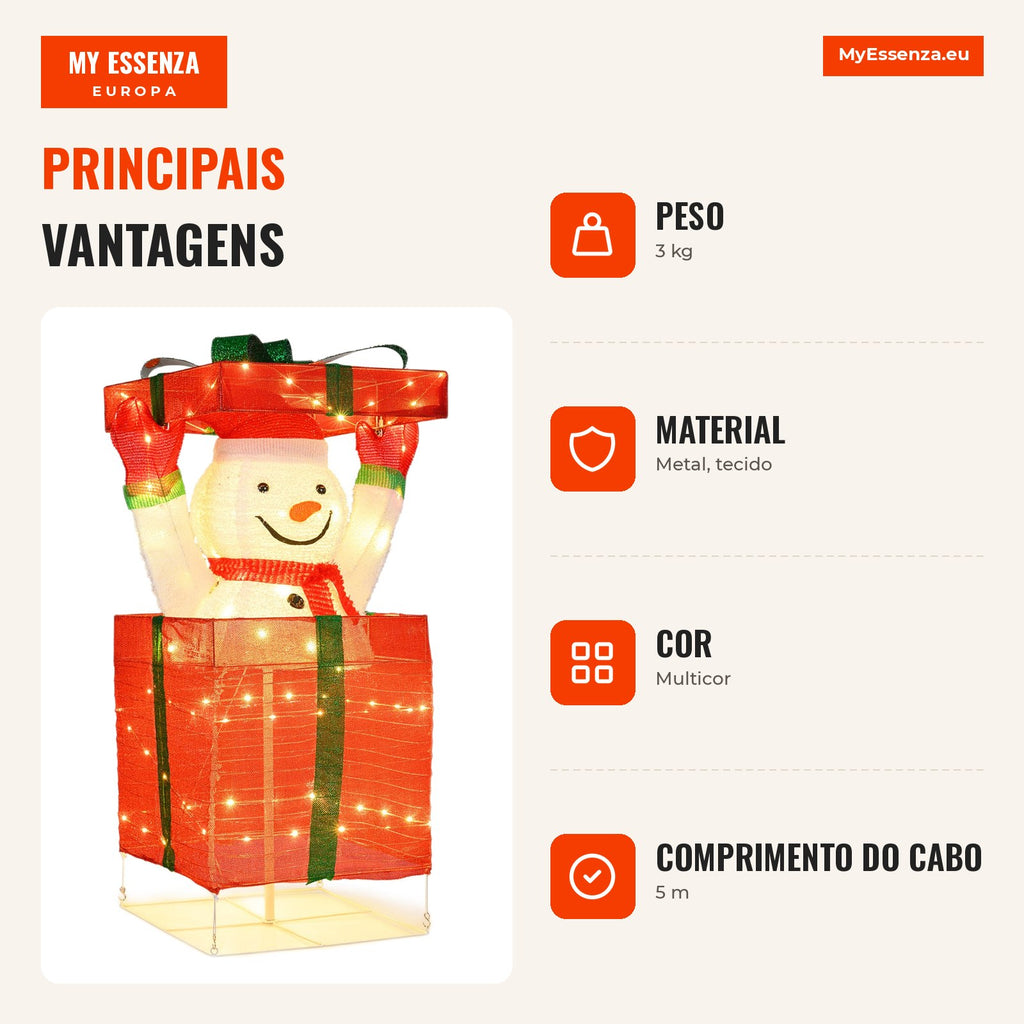 Illuminated Snowman in Gift Box with 100 Warm LED Lights — Infografia PT (vantagens)