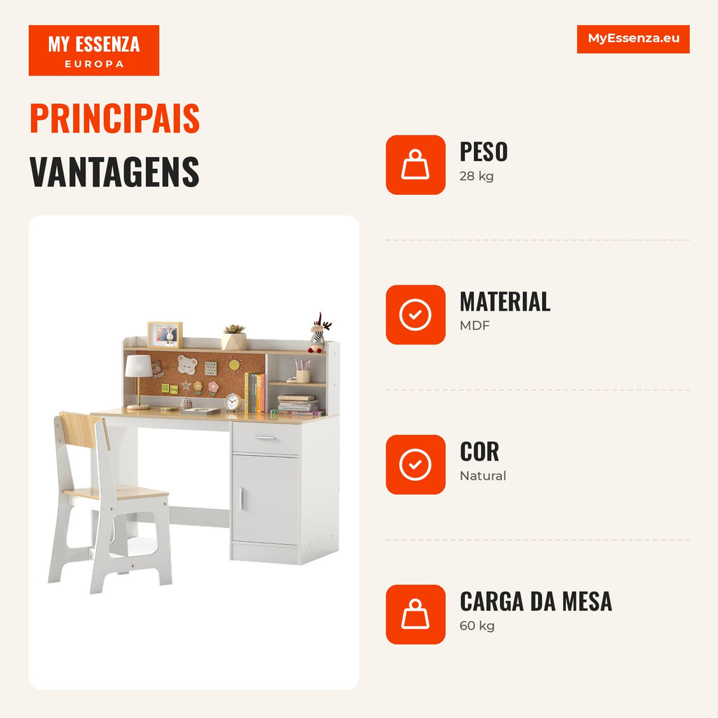 Children's Table and Chair Set with Shelf, Drawer and Cork Board 109.5x48x100.5cm — Infografia PT (vantagens)