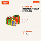 3 Caixas de Presente Navidegas Iluminadas com 52 Luzes LED Pré-incorporadas — Infografia PT (medidas)
