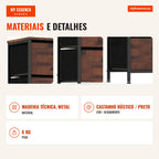 Cómoda de 4 Gavetas Torre Arrumação Tecido com Tampo Madeira Estrutura Metal — Infografia PT (materiais e detalhes)
