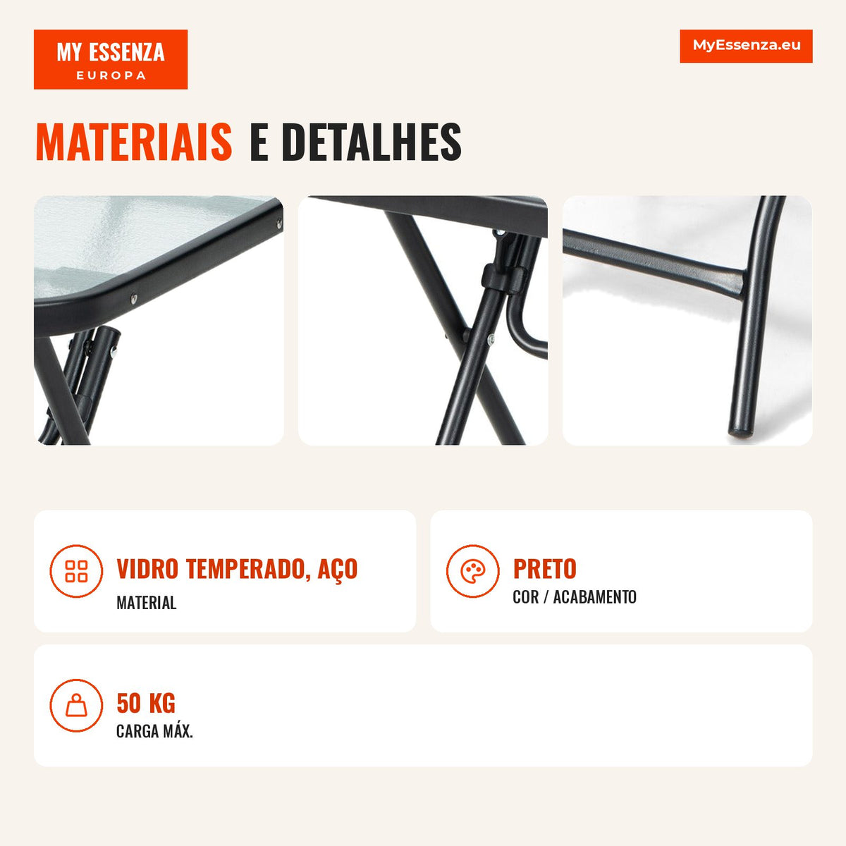 Mesa de Bistrô Quadrada com Tampo em Vidro Temperado e Estrutura Antioxidante 46,5 cm Preta — Infografia PT (materiais e detalhes)