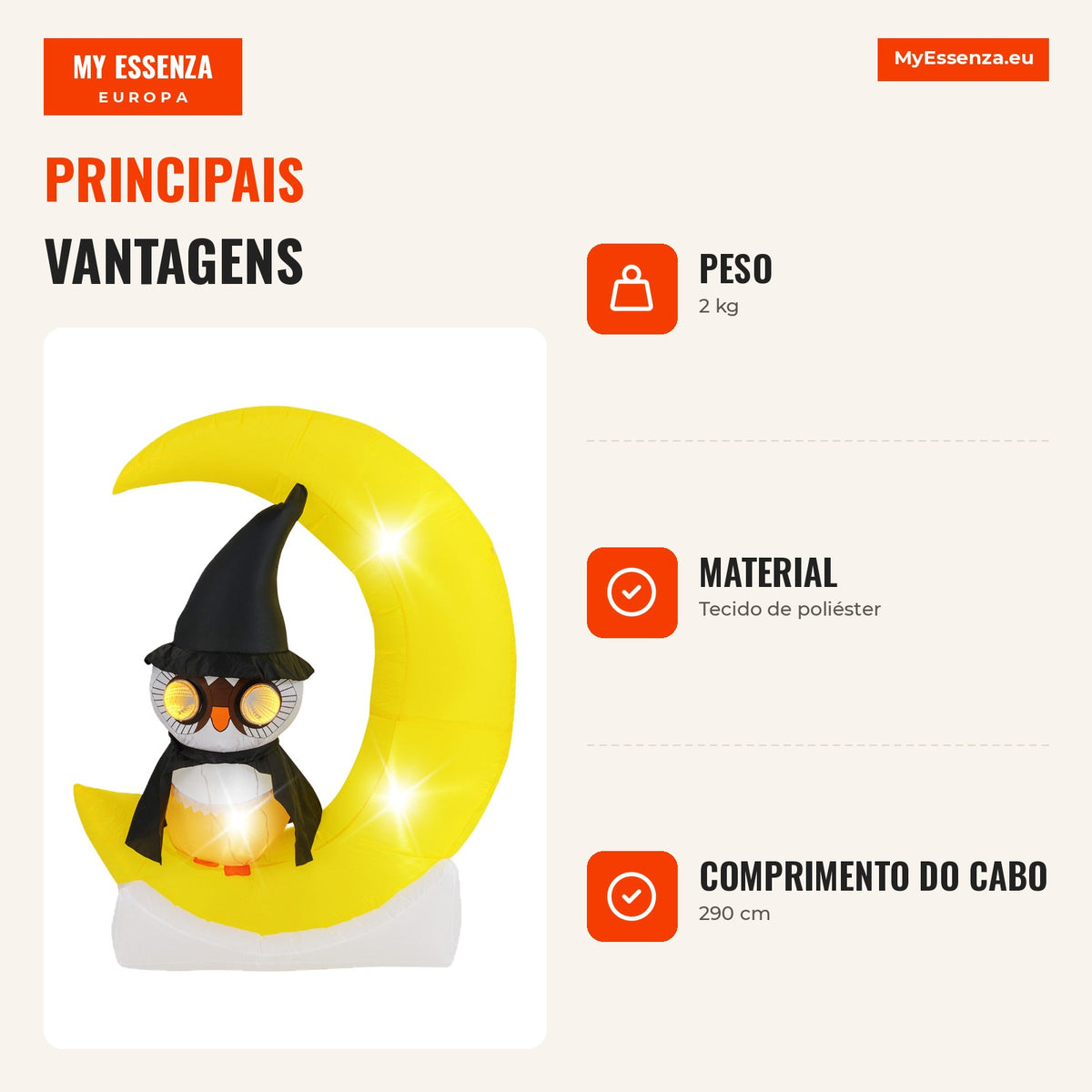 Decoração Inflável de Halloween com Coruja e Lua Iluminada LED 130 x 155 cm — Infografia PT (vantagens)