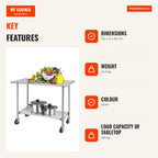 Mesa de Trabalho Inox com Rodas Bloqueáveis - Bancada Móvel Cozinha 122x61cm Prateleira Regulável — Infografia EN (vantagens)