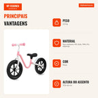 Bicicleta de Equilíbrio 30cm sem Pedais com Guidão e Selim Ajustáveis - Bicicleta de Treino Ligeira para Crianças — Infografia PT (vantagens)
