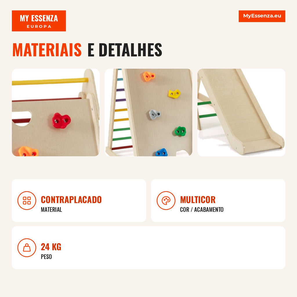 3-in-1 Indoor Climbing Set with Slide, Climbing Wall and Wooden Ladder — Infografia PT (materiais e detalhes)