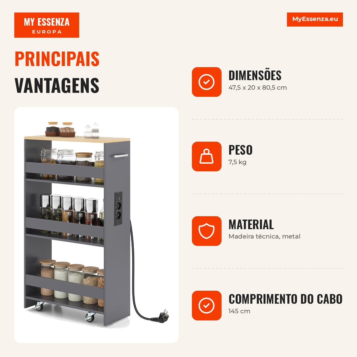 Carrinho Slim 20 cm com Estação de Carga 4 Níveis Alça Grades e Rodas Bloqueáveis Cinzento+Natural — Infografia PT (vantagens)