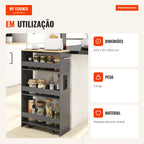 Carrinho Slim 20 cm com Estação de Carga 4 Níveis Alça Grades e Rodas Bloqueáveis Cinzento+Natural — Infografia PT (em utilização)