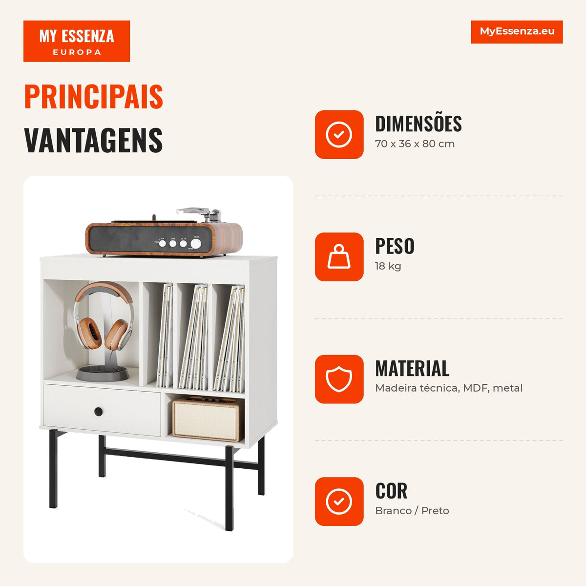 Aparador Grande para Tocadiscos com Compartimentos e Gaveta para Álbuns Branco e Preto — Infografia PT (vantagens)