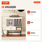 Aparador Grande para Tocadiscos com Compartimentos e Gaveta para Álbuns Branco e Preto — Infografia PT (em utilização)