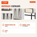 Aparador Grande para Tocadiscos com Compartimentos e Gaveta para Álbuns Branco e Preto — Infografia PT (materiais e detalhes)