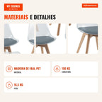 Conjunto de 4 Cadeiras de Jantar Transparentes com Patas de Madeira de Faia — Infografia PT (materiais e detalhes)