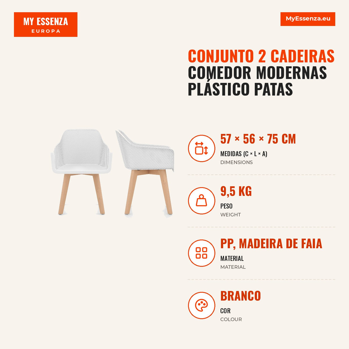 Set of 2 Modern Dining Chairs Plastic Wood Legs Breathable Backrest White — Infografia PT (medidas)