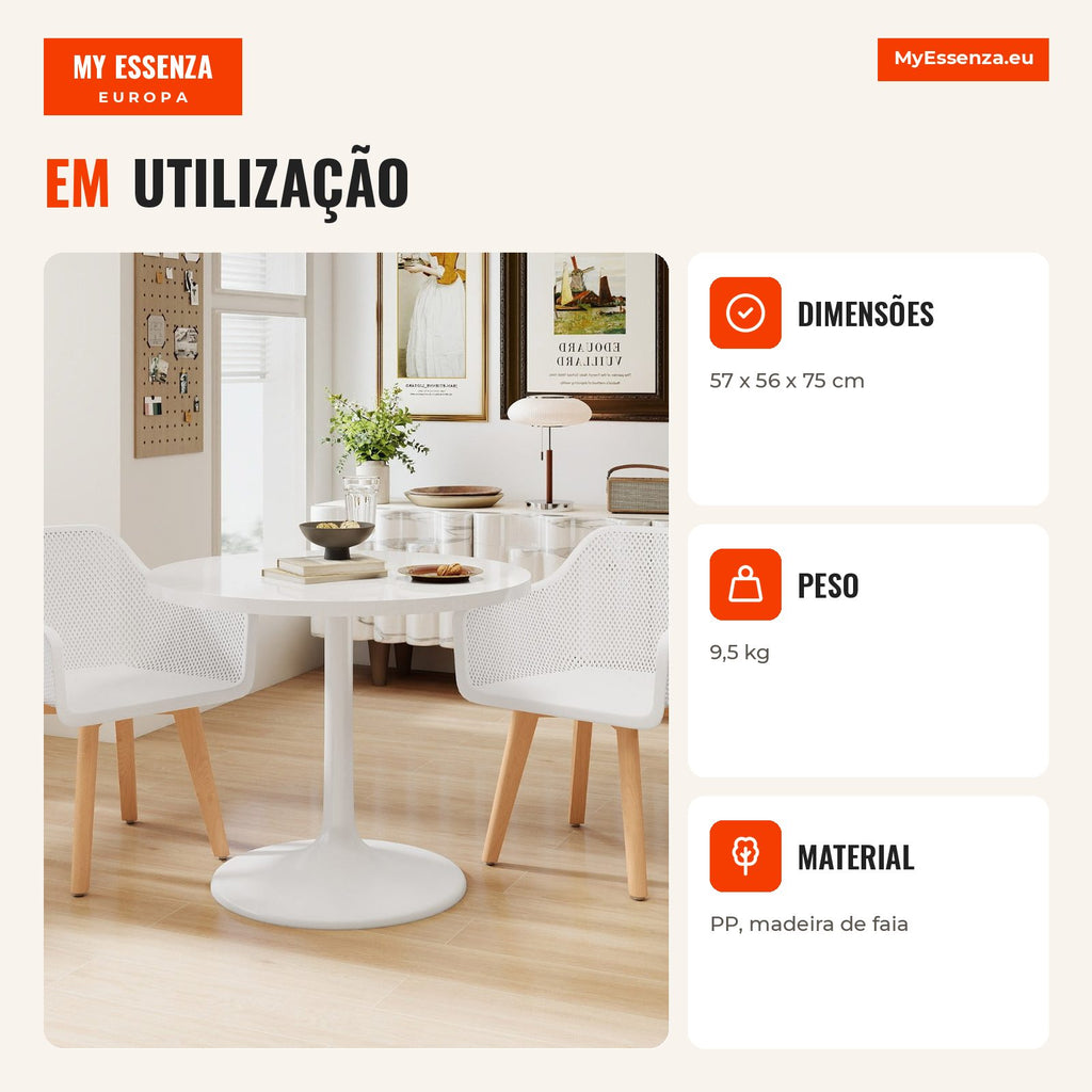 Set of 2 Modern Dining Chairs Plastic Wood Legs Breathable Backrest White — Infografia PT (em utilização)
