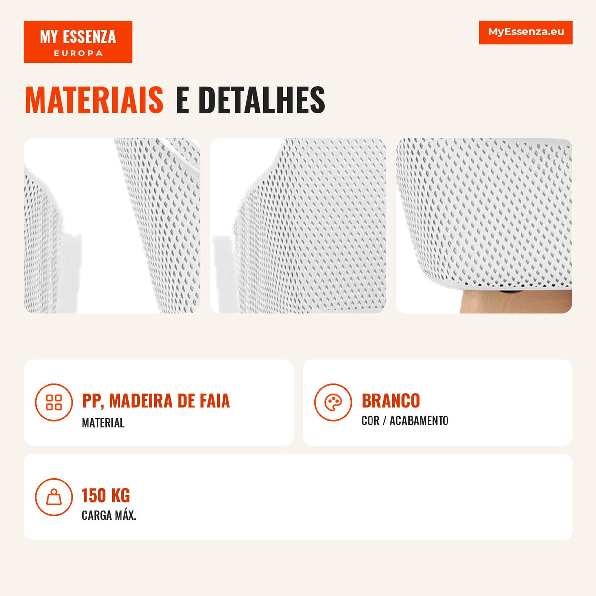 Set of 2 Modern Dining Chairs Plastic Wood Legs Breathable Backrest White — Infografia PT (materiais e detalhes)