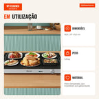 Bandeja Aquecedora Elétrica com Temperatura Ajustável e Tampa Vidro Temperado — Infografia PT (em utilização)