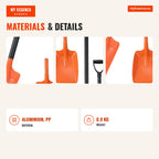Pá para Neve Portátil Leve com Poste de Alumínio e Asa Ergonómica — Infografia EN (materiais e detalhes)
