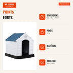 Waterproof and Ventilated Dog House with Air Valves and Raised Floor for Small and Medium Dogs 87.7 x 78.5 x 81.5 cm — Infografia FR (vantagens)
