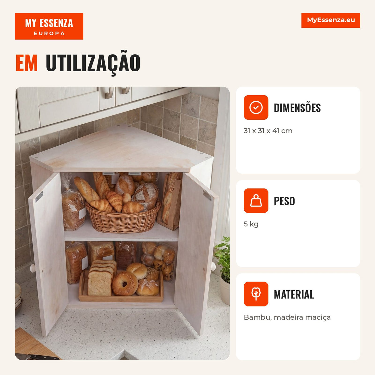 Corner Bamboo Bread Box Double Layer with Adjustable Shelf White — Infografia PT (em utilização)