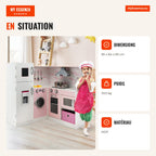 Wooden Toy Kitchen for Kids with Accessories and Chef Outfit — Infografia FR (em utilização)