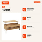 Lift-Top Coffee Table with Metal Legs and Storage Compartments — Infografia EN (vantagens)