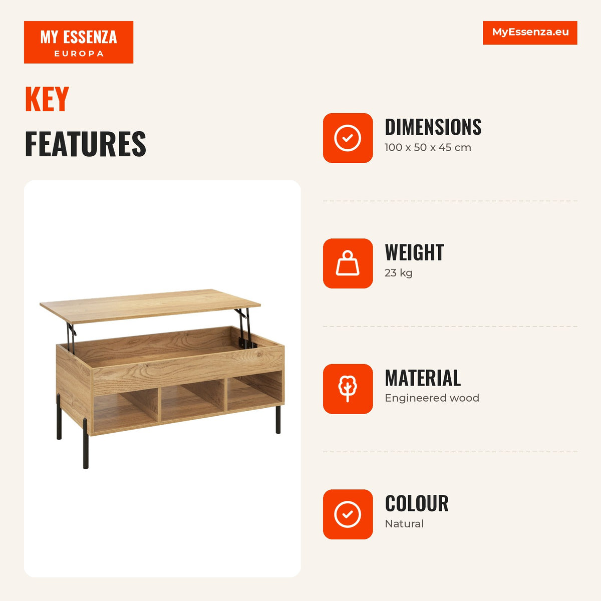 Lift-Top Coffee Table with Metal Legs and Storage Compartments — Infografia EN (vantagens)