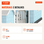 Casa de Plástico para Cães com 3 Janelas e Porta com Fechadura Tecto Inclinado 75 x 58 x 65 cm Azul Claro — Infografia PT (materiais e detalhes)