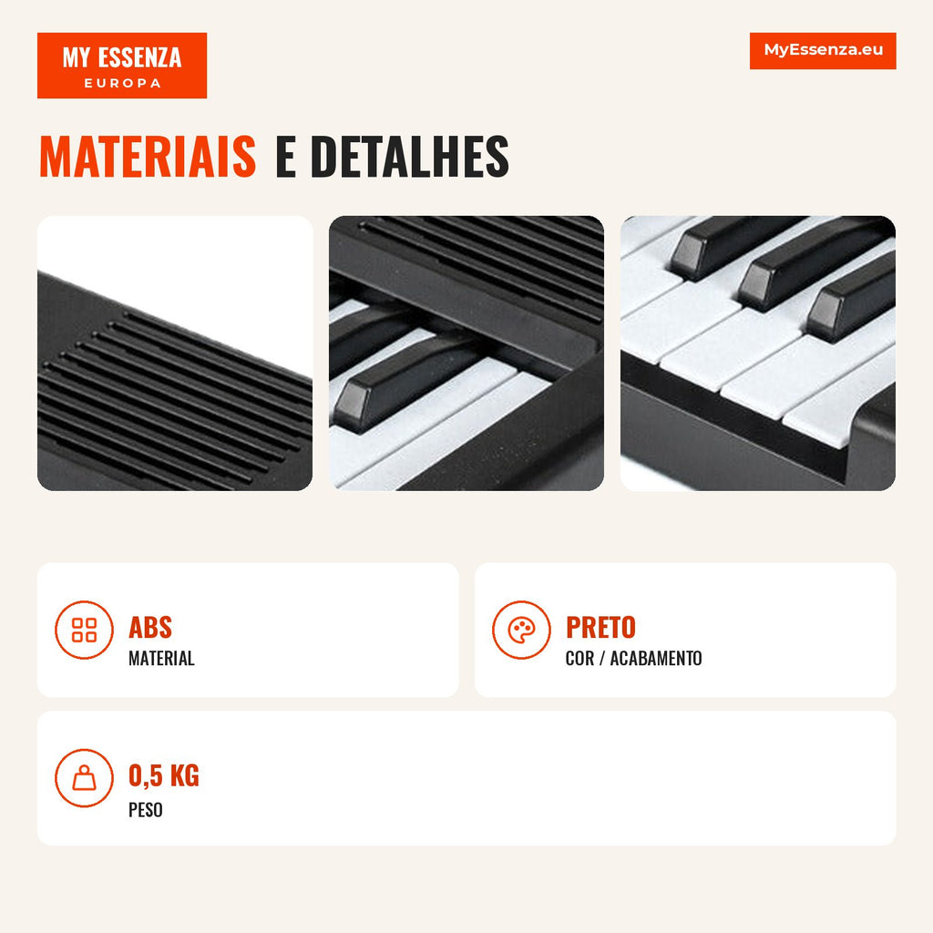 Teclado Piano 37 Teclas Infantil com Ritmos Tons e Demos — Infografia PT (materiais e detalhes)