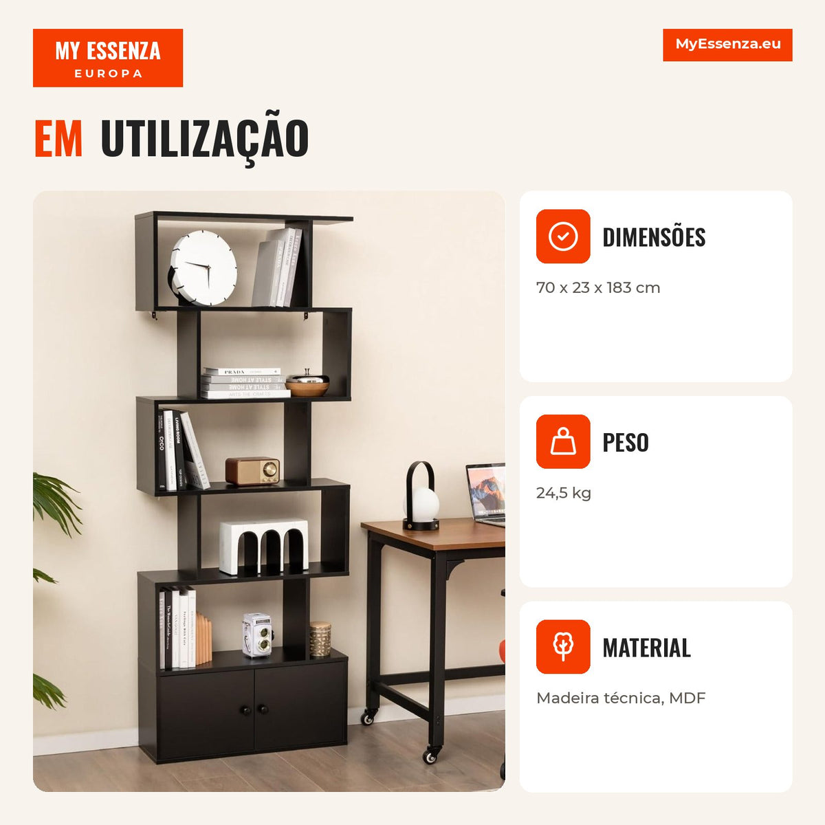 Estante em Forma de S com 6 Níveis e Portas - Design Moderno para Sala, Quarto e Escritório — Infografia PT (em utilização)