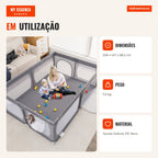 Parque para Crianças com Centro de Atividades e 50 Bolas 206 x 147 x 68,5 cm Cinzento Escuro — Infografia PT (em utilização)