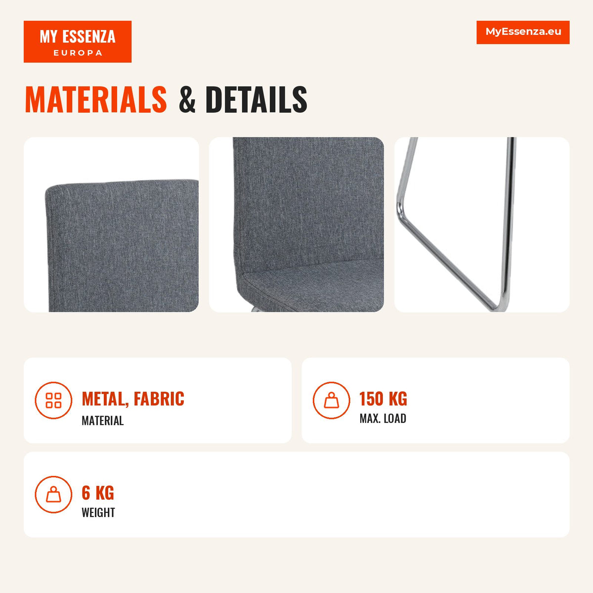2 Cadeiras de Jantar Modernas Estofadas com Encosto Dobrável e Estrutura Metálica 52x47x88cm Cinza — Infografia EN (materiais e detalhes)