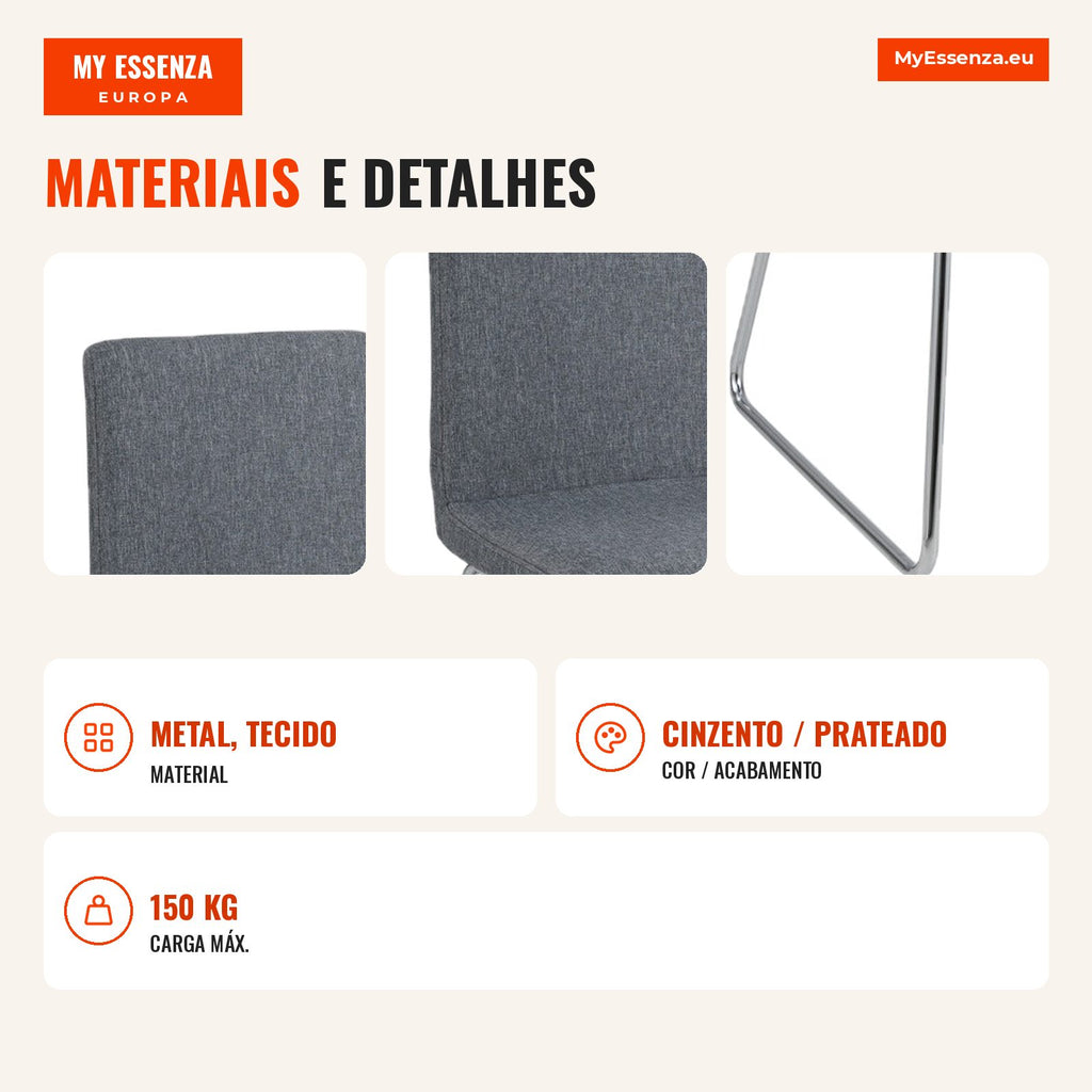 2 Cadeiras de Jantar Modernas Estofadas com Encosto Dobrável e Estrutura Metálica 52x47x88cm Cinza — Infografia PT (materiais e detalhes)