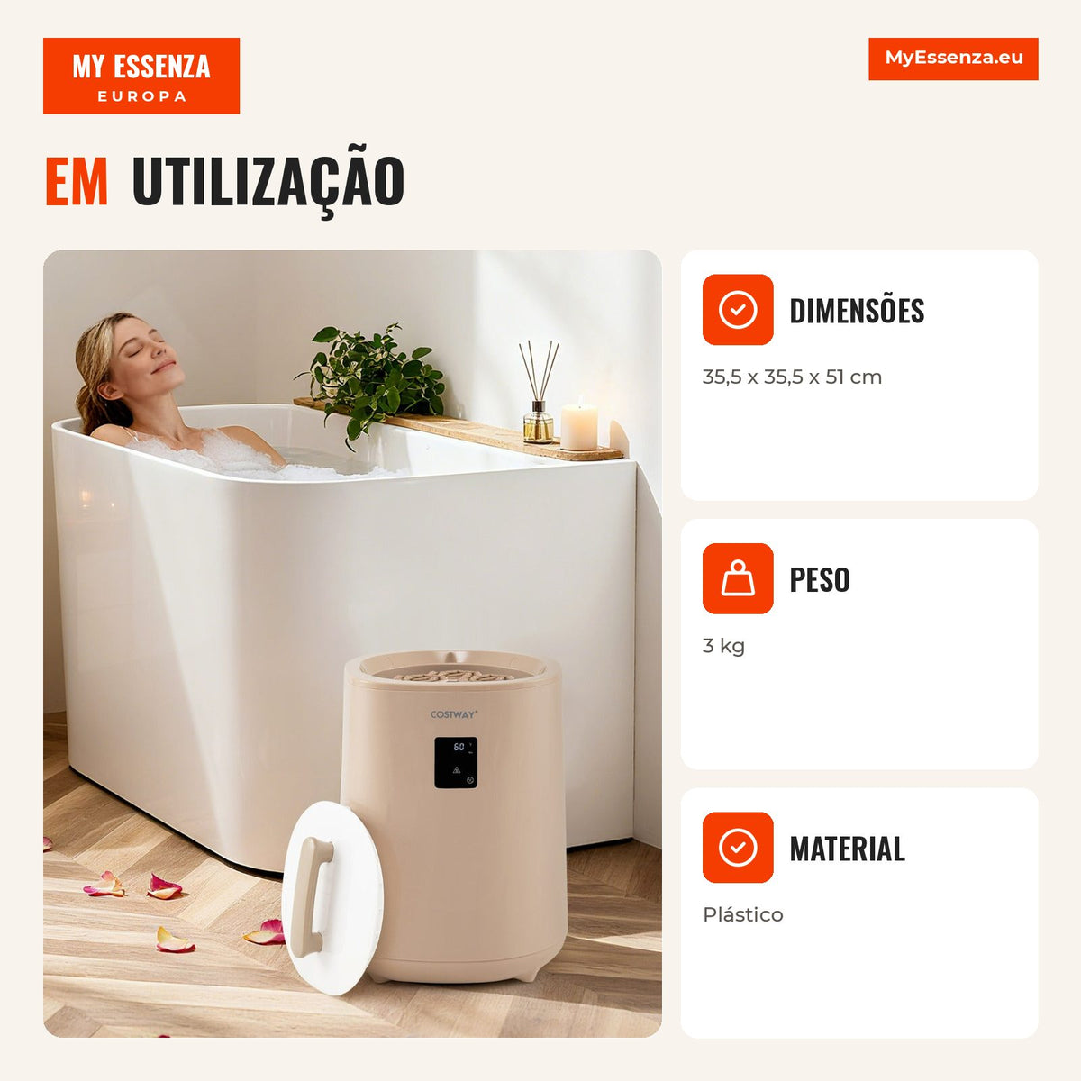 Aquecedor de Toalhas para Casa com Capacidade de 18 L e Ecrã LED, Cor Castanha — Infografia PT (em utilização)