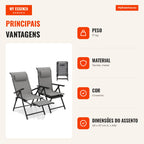 Conjunto de 2 Cadeiras de Exterior Dobráveis com Encosto e Apoio de Braços Ajustáveis e Descanso para Pés Retrátil 150 k — Infografia PT (vantagens)