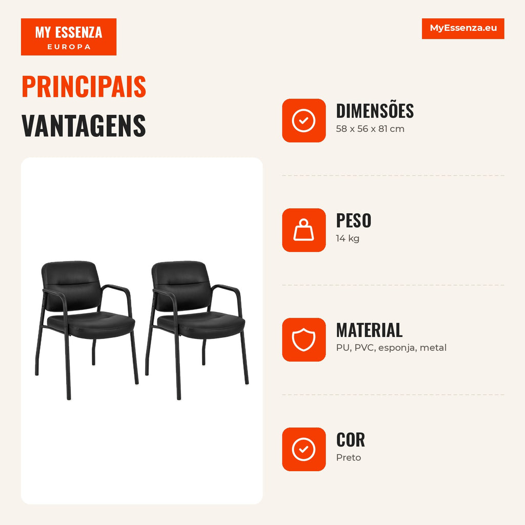 Set of 2 Upholstered Reception Chairs with Integrated Arms in Mixed Synthetic Leather Black — Infografia PT (vantagens)