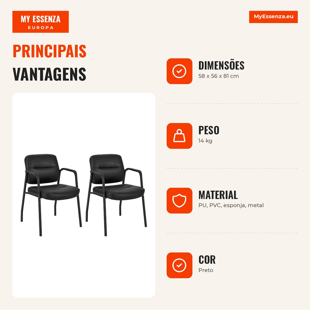 Set of 2 Upholstered Reception Chairs with Integrated Arms in Mixed Synthetic Leather Black — Infografia PT (vantagens)