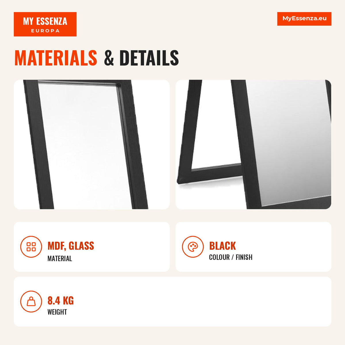 Espelho de Corpo Inteiro de Parede com Moldura Madeira MDF Preta 37x50x155cm para Quarto e Sala — Infografia EN (materiais e detalhes)