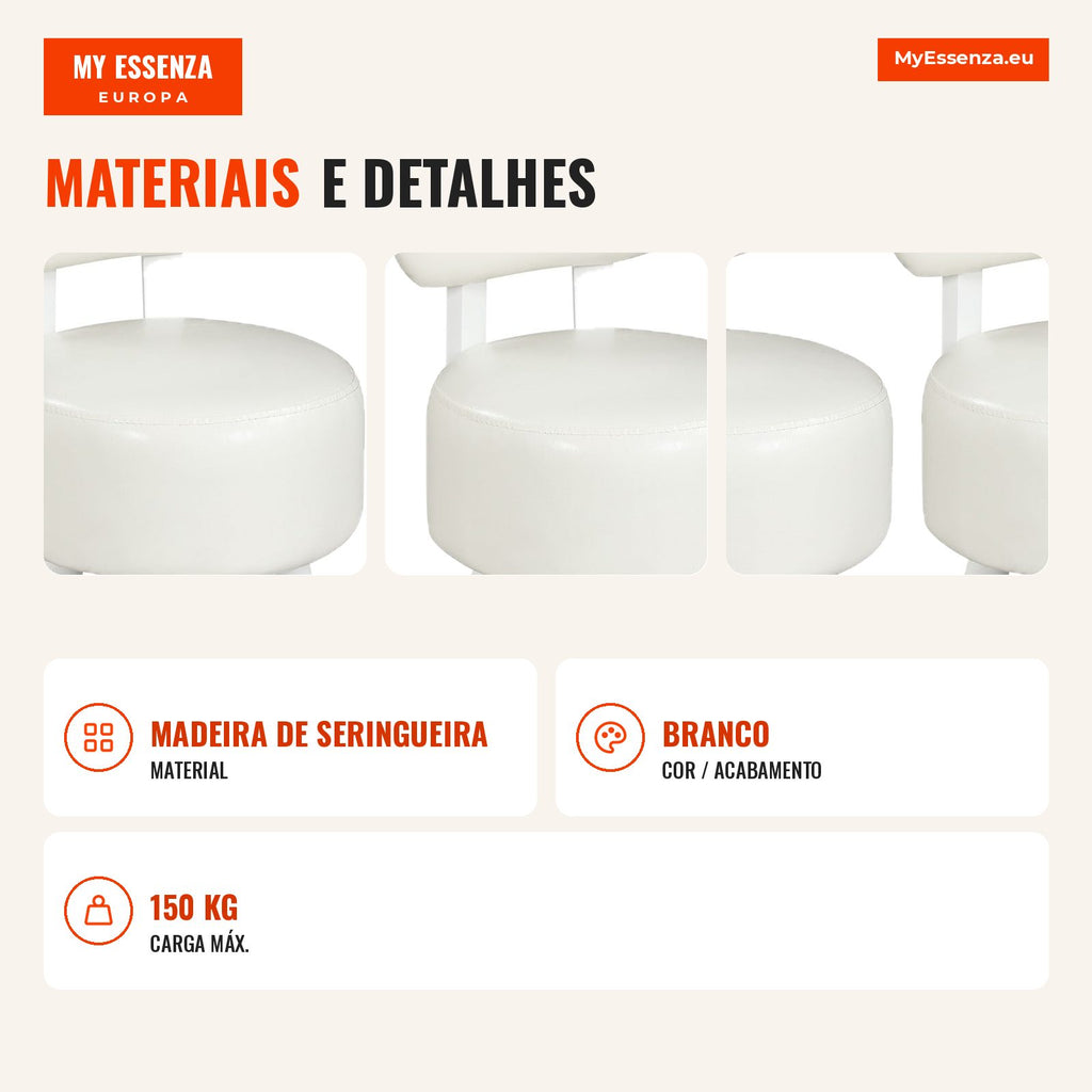 Jogo de 2 Otomanas com Encosto em Madeira de Borracha e Espuma Densa - 150 kg — Infografia PT (materiais e detalhes)