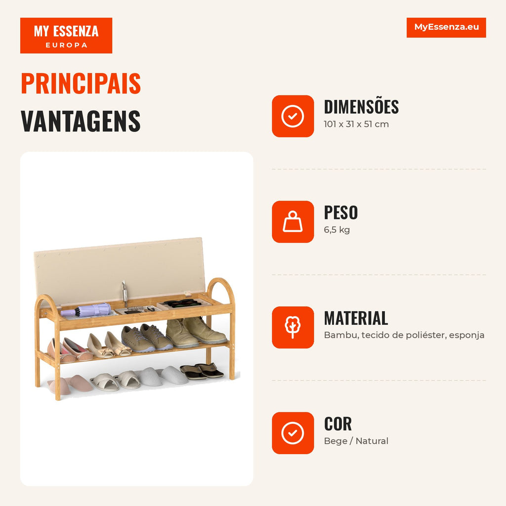 Banco de Bambú para Sapatos 2 Níveis com Almofada Acolchoada 100cm Bege — Infografia PT (vantagens)