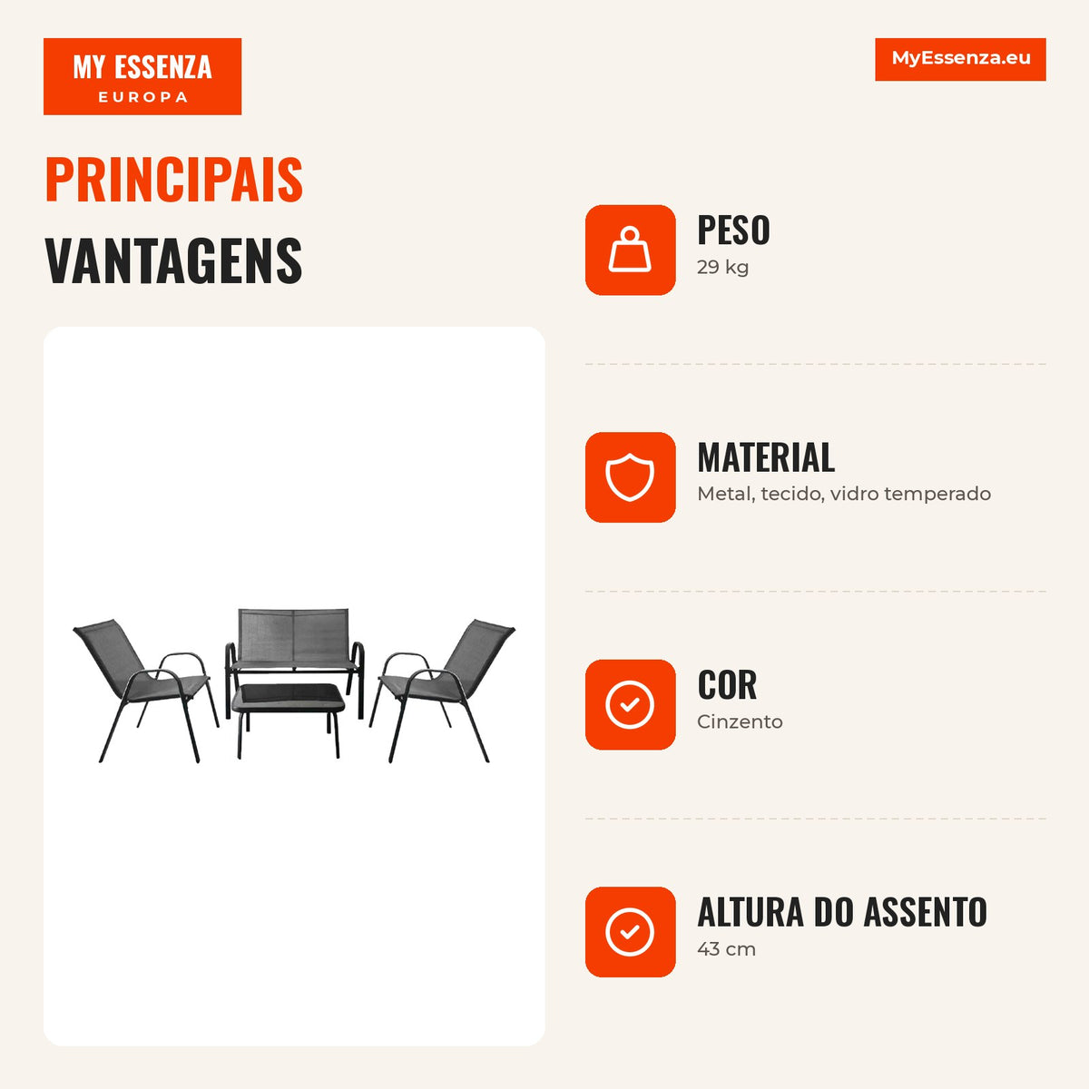 4-Piece Garden Set: Tempered Glass Table, Sofa and 2 Grey Chairs — Infografia PT (vantagens)