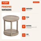 Table basse ronde 2 niveaux en bois d'hévéa gris — Infografia PT (vantagens)