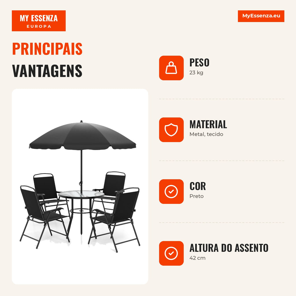 6-Piece Garden Set with Parasol, Round Table and Folding Chairs Black — Infografia PT (vantagens)