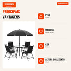 6-Piece Garden Set with Parasol, Round Table and Folding Chairs Black — Infografia PT (vantagens)
