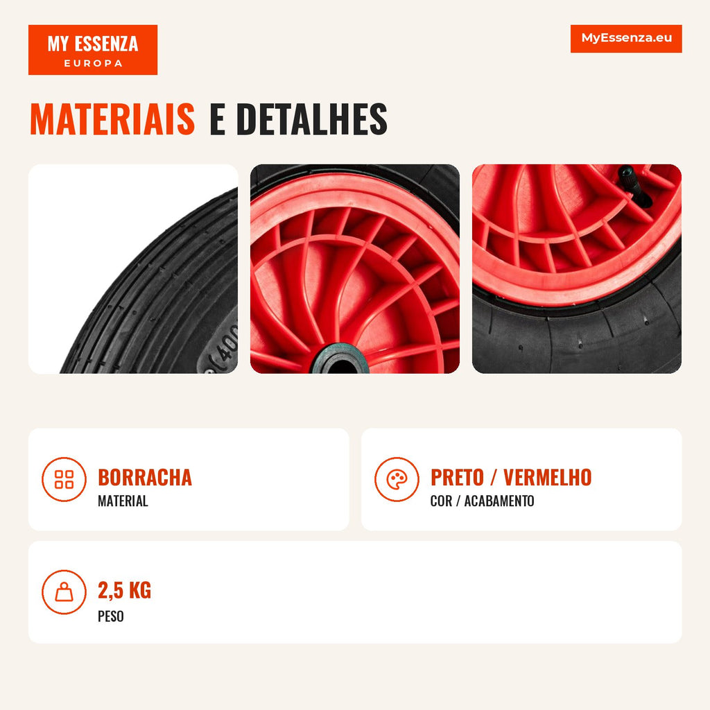 Pneumatic Wheel 4.80/4.00-8 with 40 cm Rubber Tyre and 2 cm Bearing — Infografia PT (materiais e detalhes)