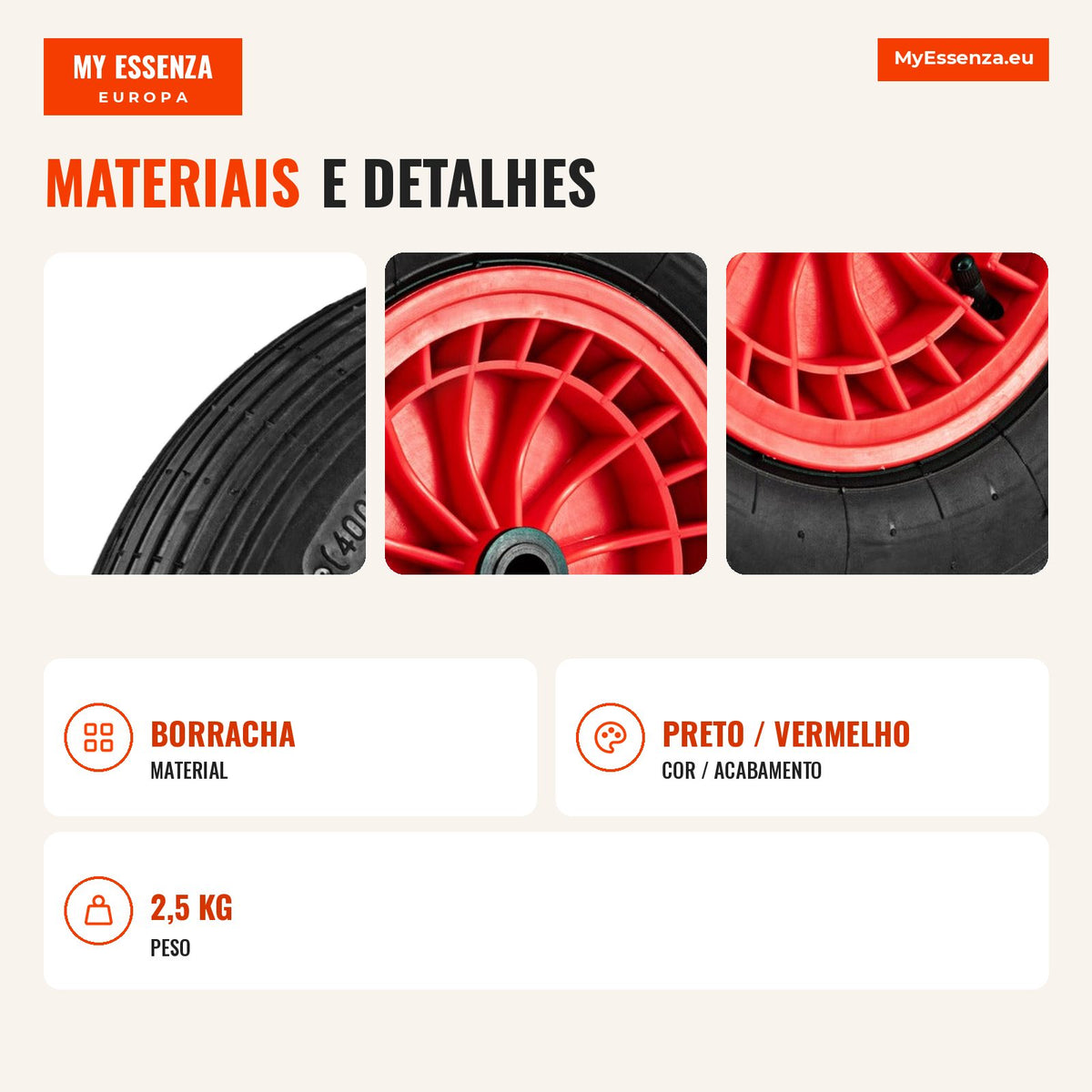 Pneumatic Wheel 4.80/4.00-8 with 40 cm Rubber Tyre and 2 cm Bearing — Infografia PT (materiais e detalhes)